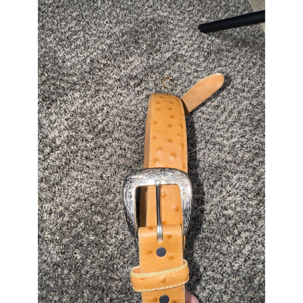 Tony Lama Mens 42 Tan Ostrich Print Leather Western Belt Silver Engraved Buckle